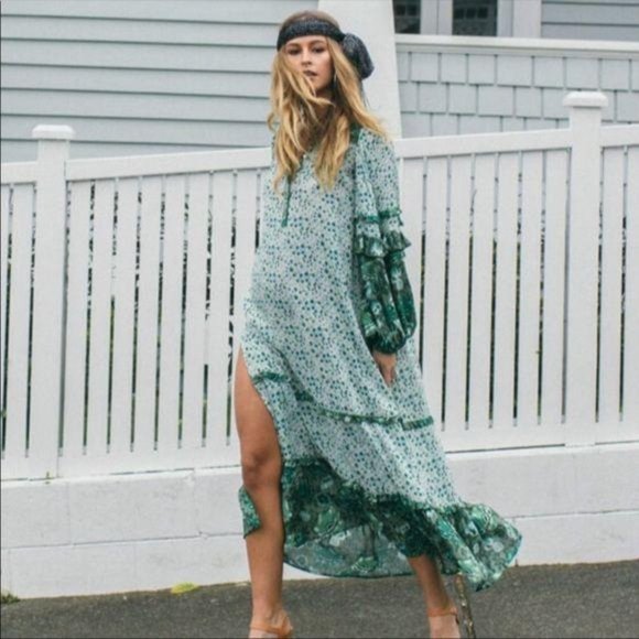 Boho Floral Teal Maxi Gypsy Long Sleeve Dress - Picture 6 of 7